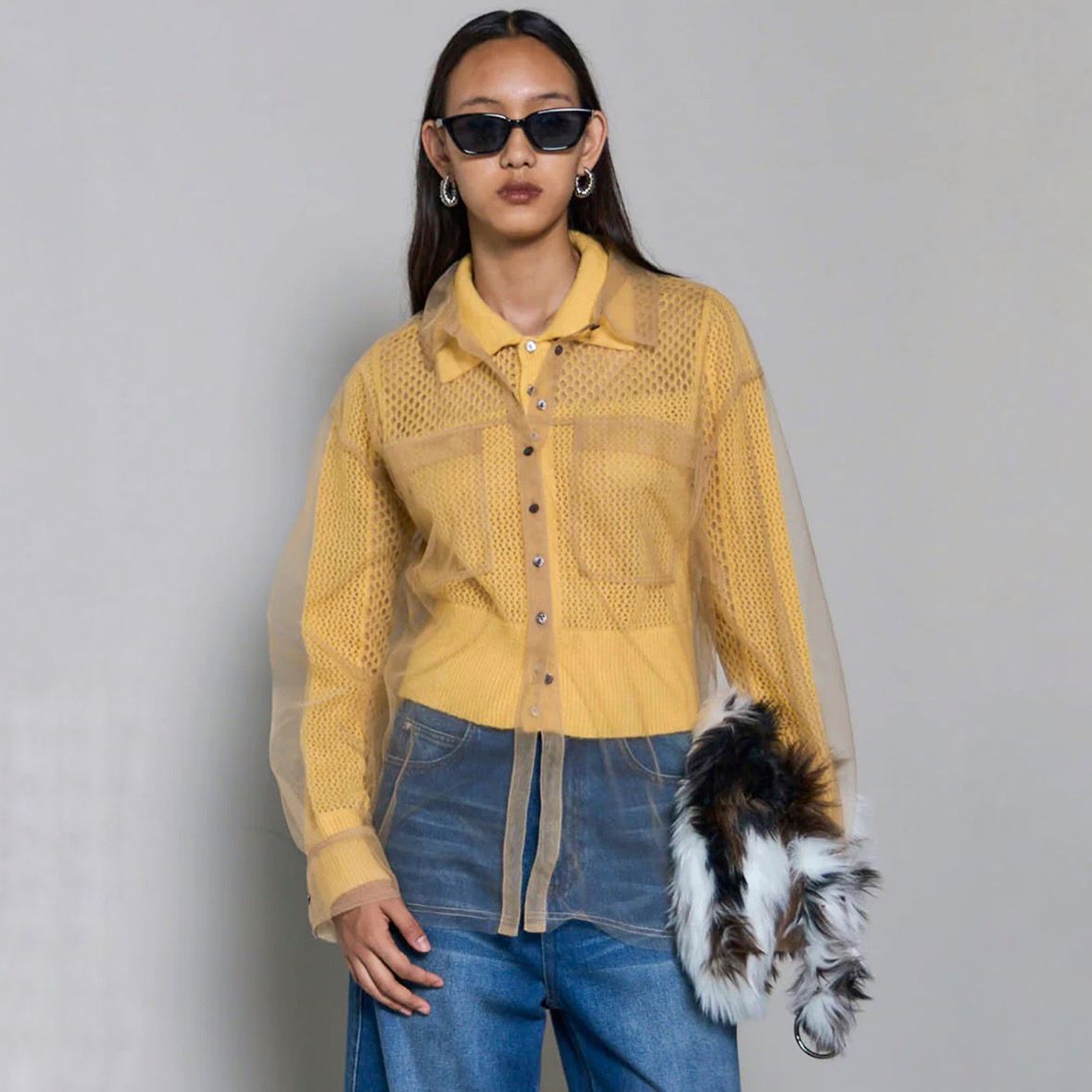 【残り一点】Tulle Shirt Layered Polo Knit Cardigan
