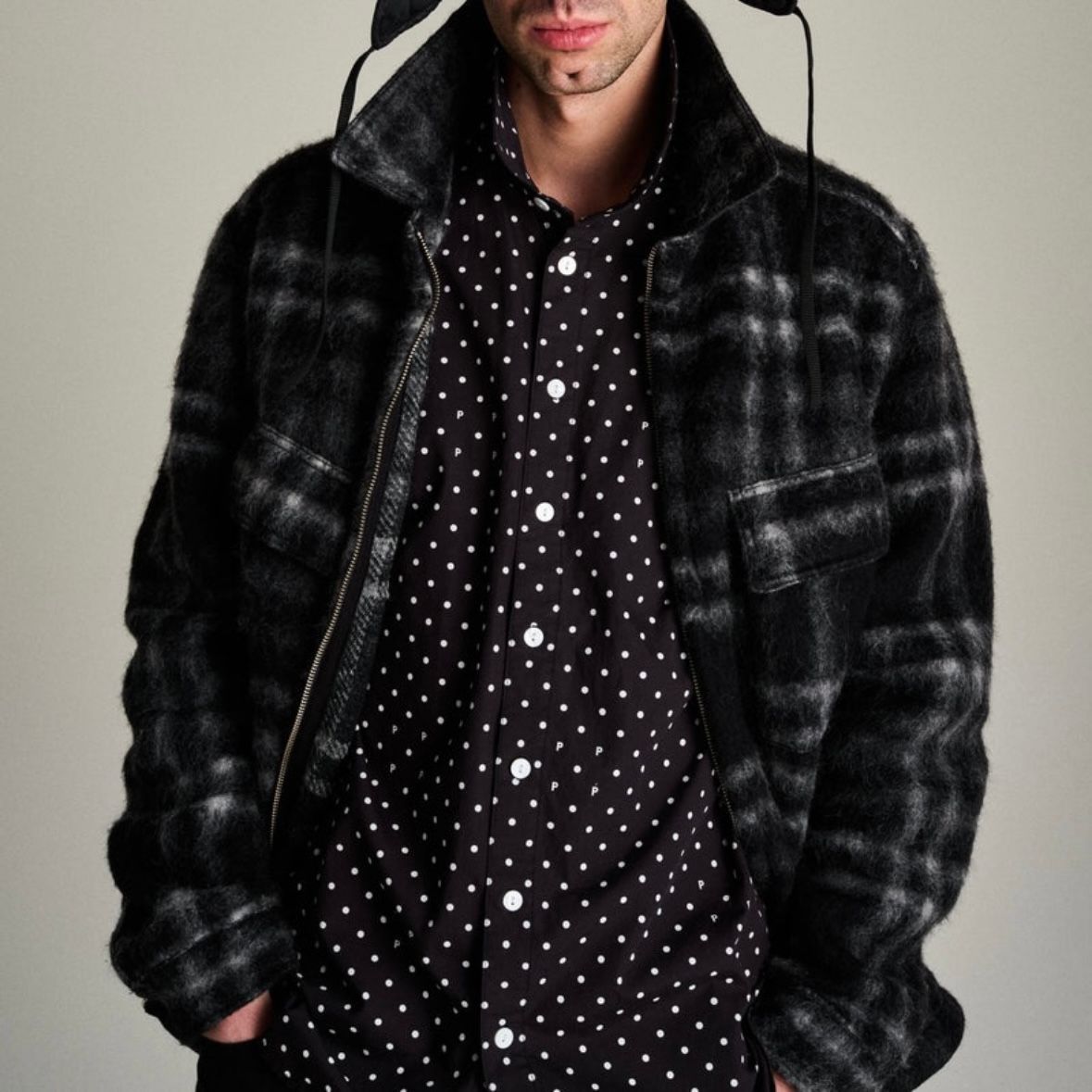 ジャケット・アウター POLYPLOID Bandcollar Wool Shirt Jacket Pop Trading Company - 【残り一点】Checked Wool Shirt Jacket