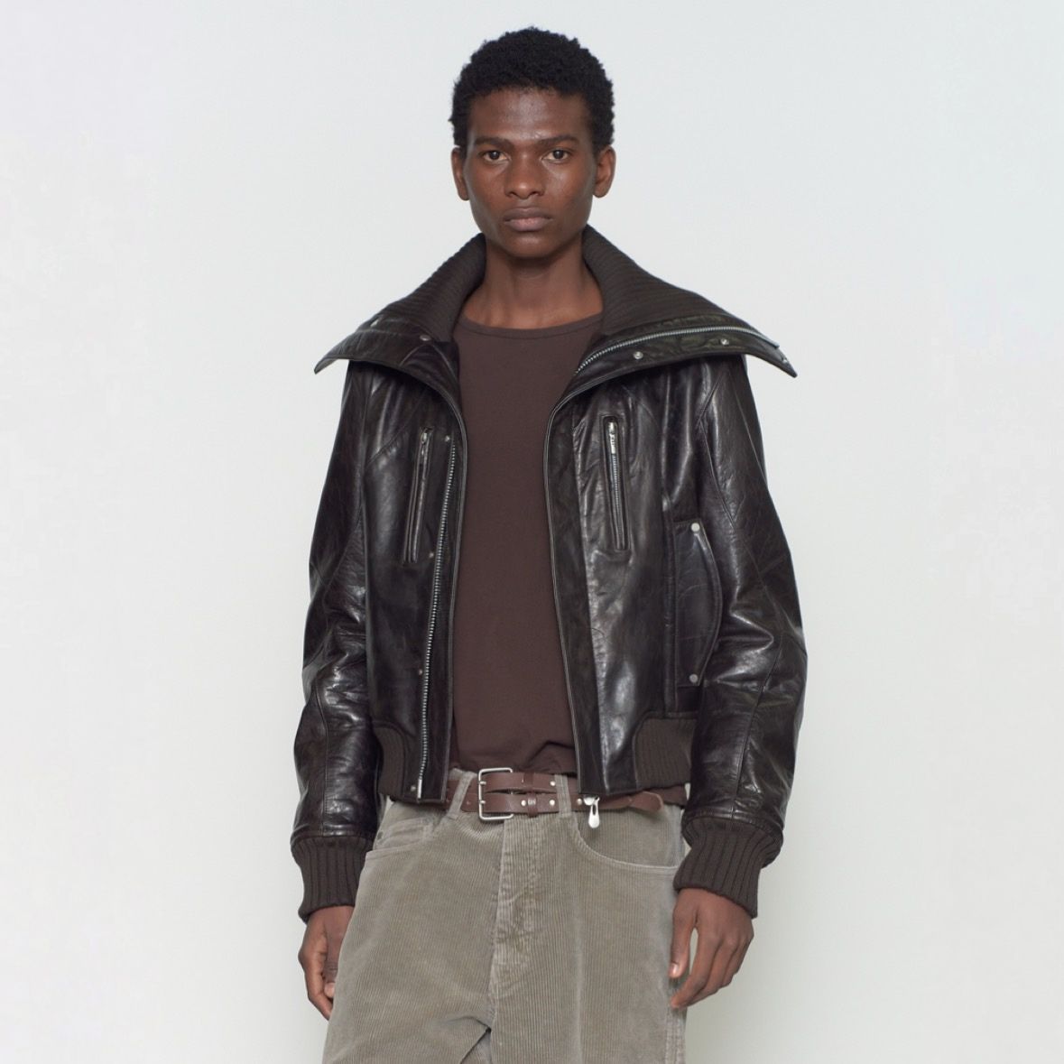 【残り一点】Leather Padded High Neck Bomber Jacket