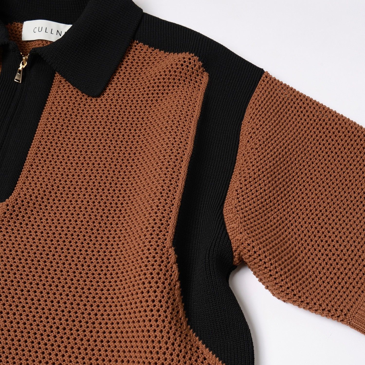 クルニ 25SS バイカラーメッシュ ニット ZIP UP ポロシャツ soe CULLNI - 【残り一点】Bi Color Mesh Knit Zip Up Polo Shirt