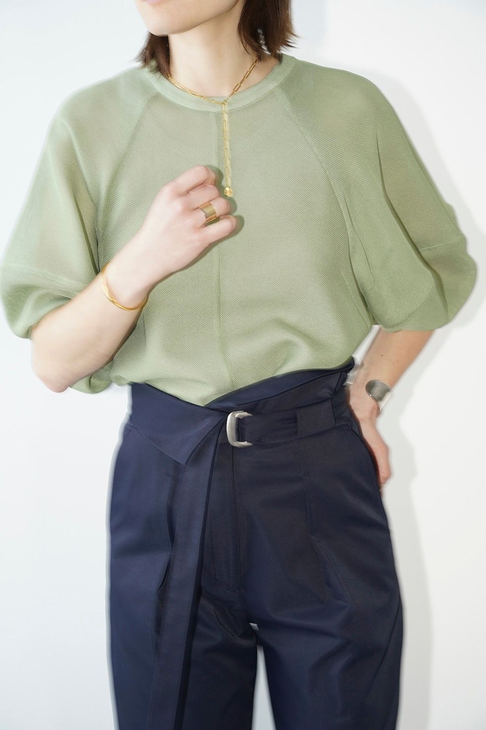 CLANE - MESH FORM SLEEVE BLOUSE - MOSS GREEN