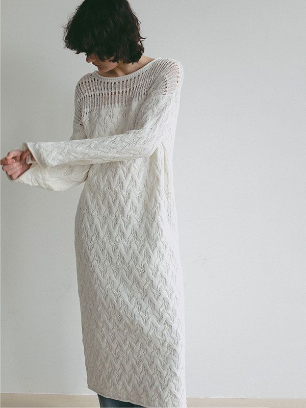 コードヤーンケーブルニットワンピース (WHITE)