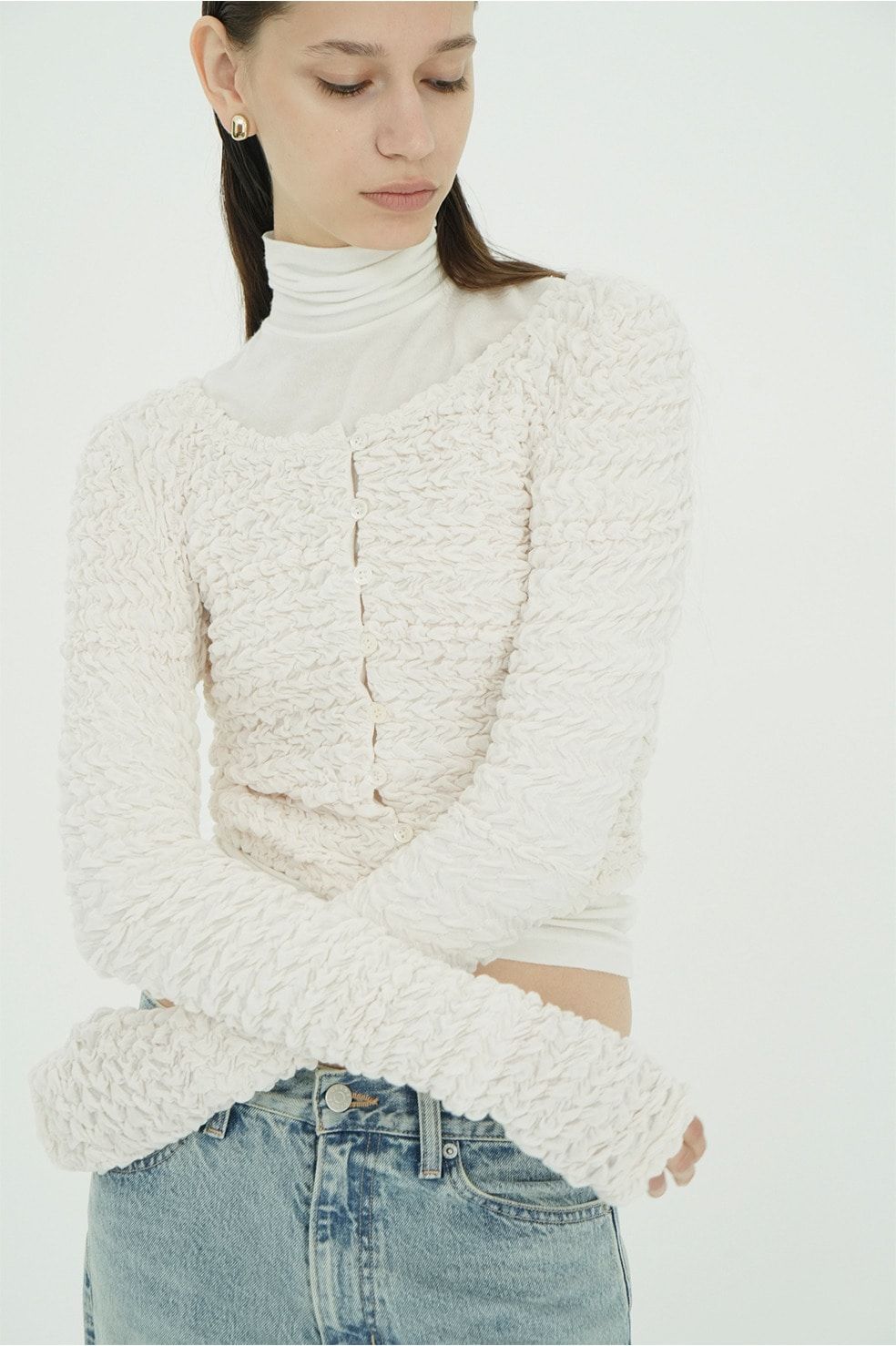 ダブルフェイス シャーリング カーディガン  - W FACE SOFT SHIRRING CARDIGAN (WHITE)