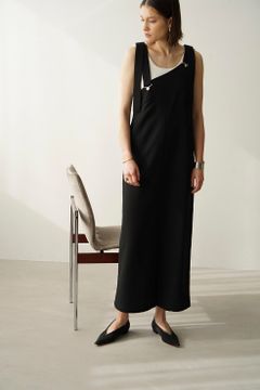 スラントライン サロペット ワンピース -  SLANT LINE SALOPETTE ONE PIECE - BLACK