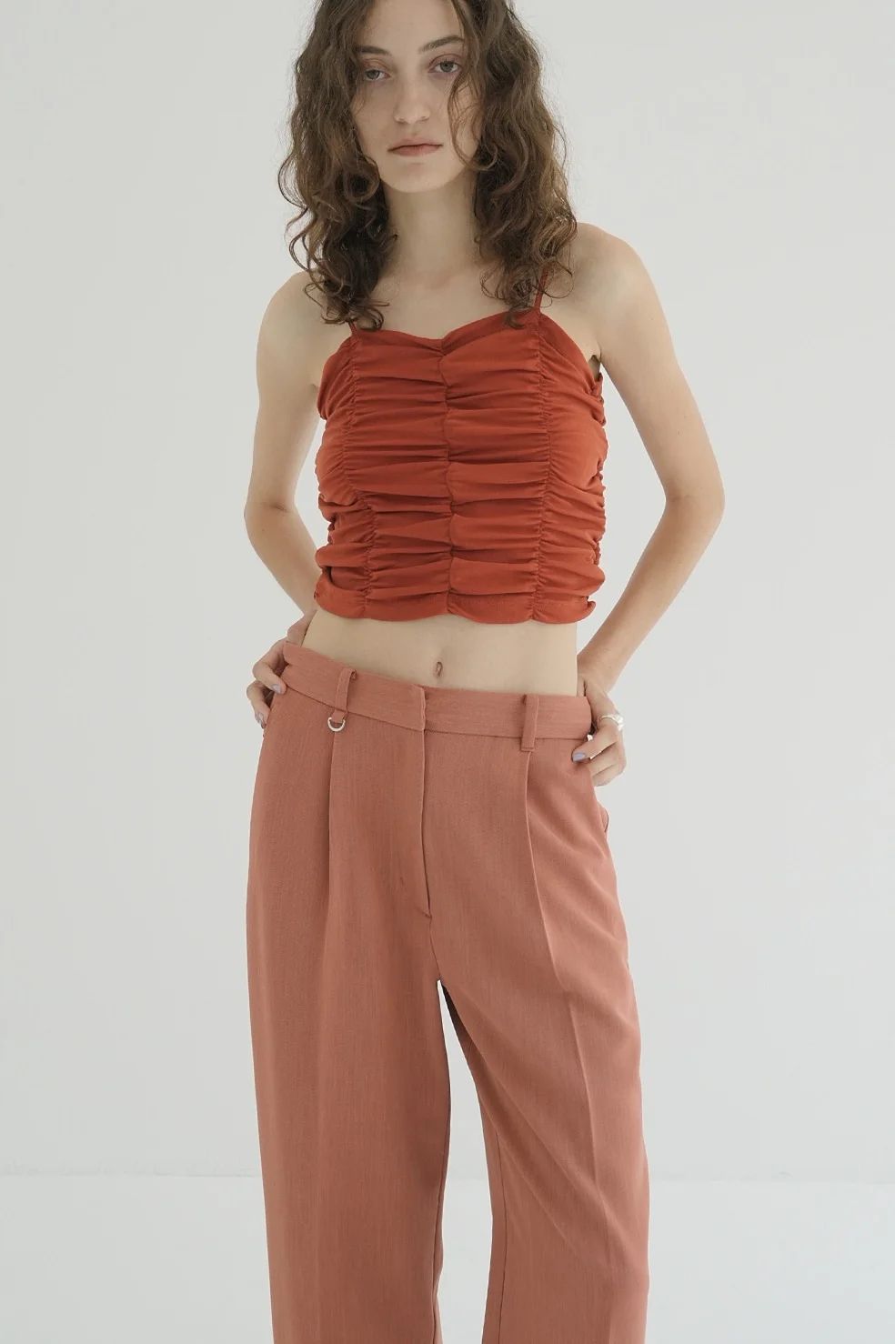 CLANE - SHIRRING CAMI TOPS ORANGE - シャーリングキャミ