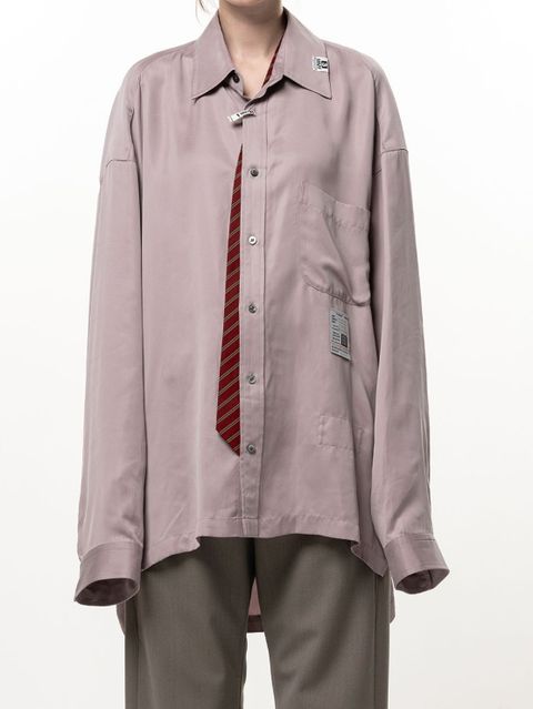【レディース】ネクタイ付きサテンシャツ - ATTACHED TIE SATEN SHIRT (BLUE)