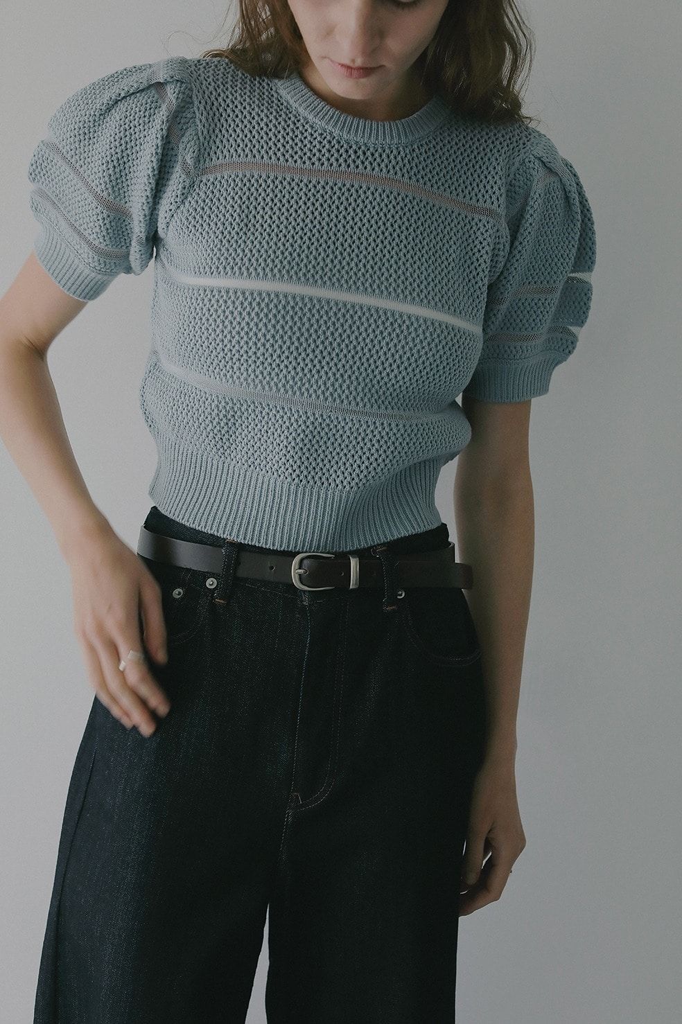 ショート丈ニットトップス - OPENWORK KNIT SHORT TOPS (BLUE)