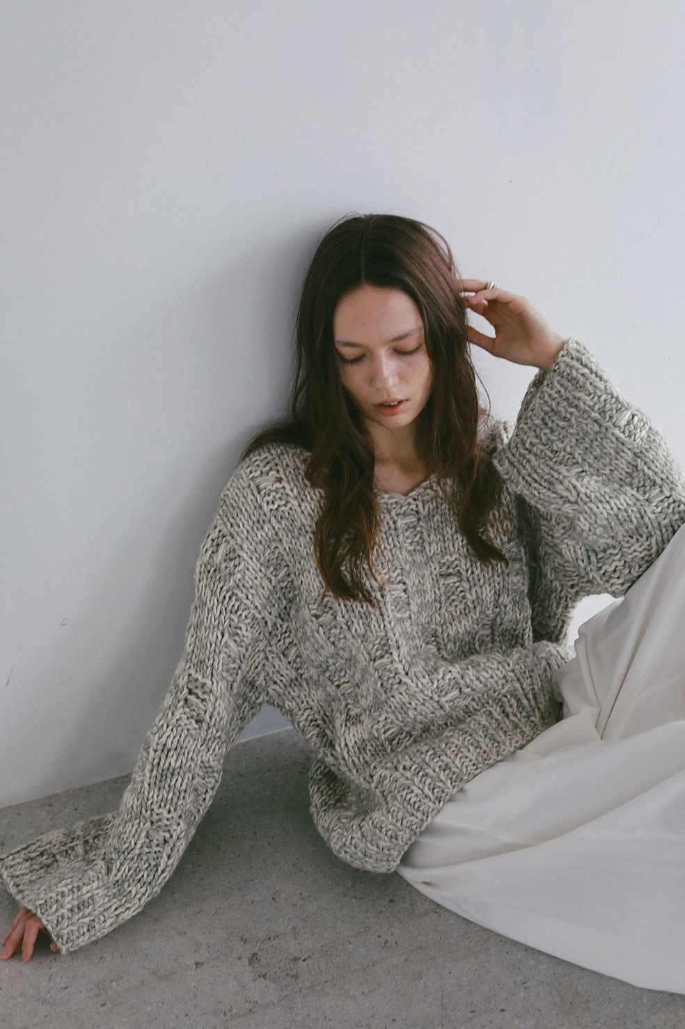 バルキーヤーンハンドニットトップス -  BULKY YARN HAND KNIT TOPS(GREY MIX)