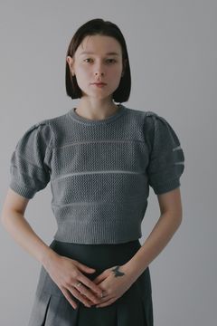 ショート丈ニットトップス - OPENWORK KNIT SHORT TOPS (GREY)
