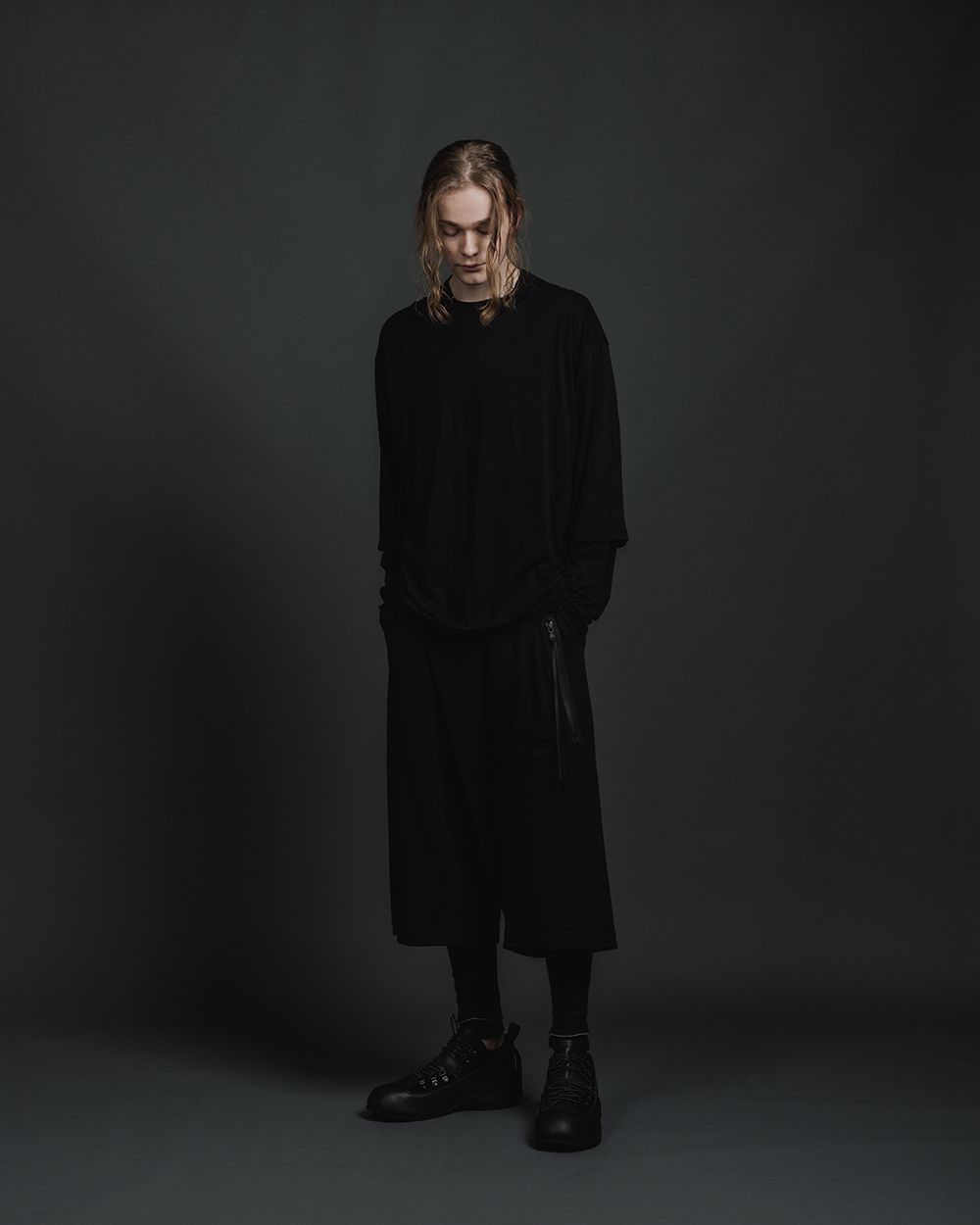 綿シルク 天竺 レイヤード カットソー  - double layerd long-sleeve t - BLACK