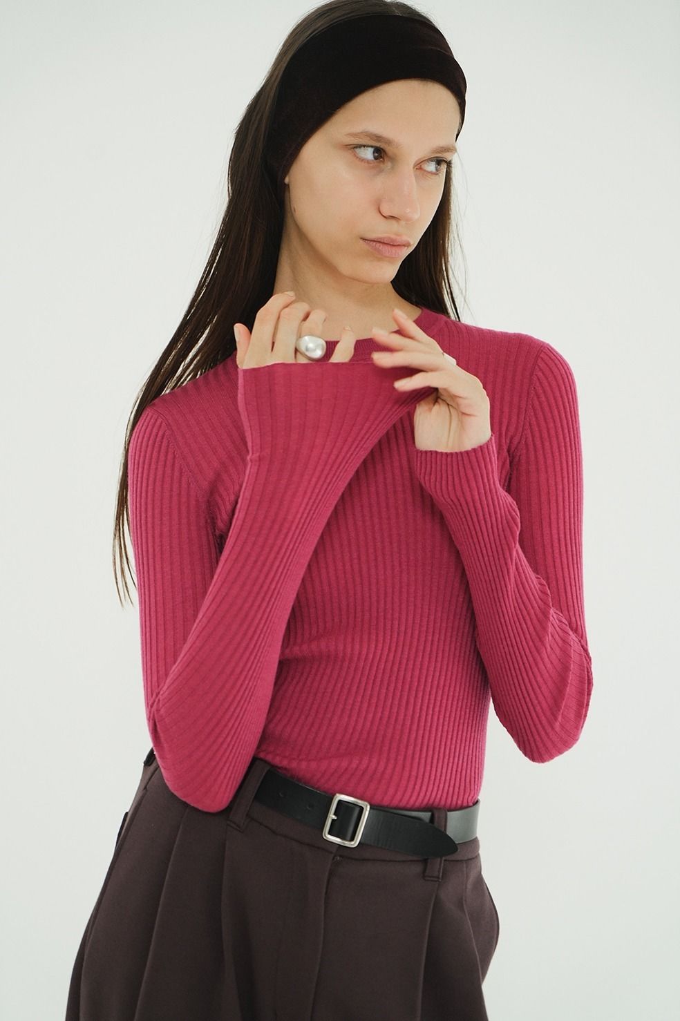 シアーリブニットカットソー | SHEER RIB KNIT TOPS (PINK)