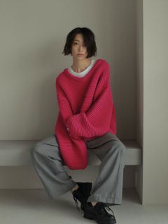 リングネックBOXニットプルオーバー - PINK