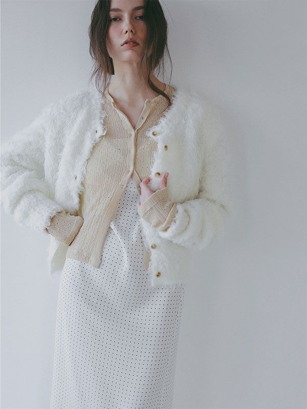 フェザーヤーンニットカーディガン （WHITE)