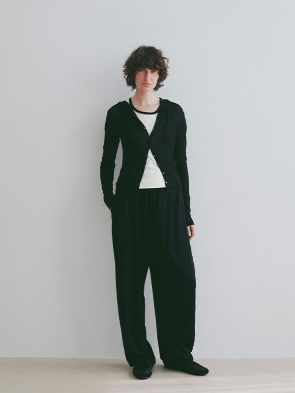 シアーニットフードカーディガン（BLACK)