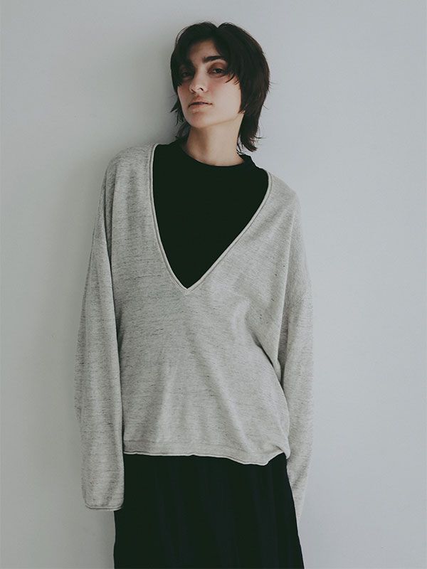 コットンリネンハイゲージネックニットプルオーバー (LIGHT GREY)