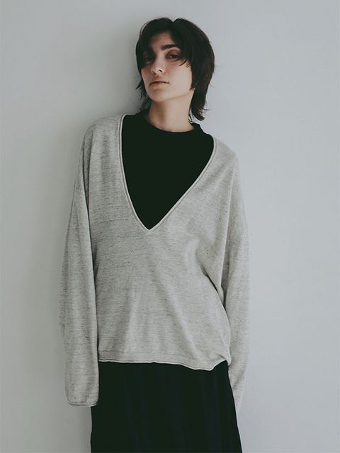 コットンリネンハイゲージネックニットプルオーバー (LIGHT GREY)