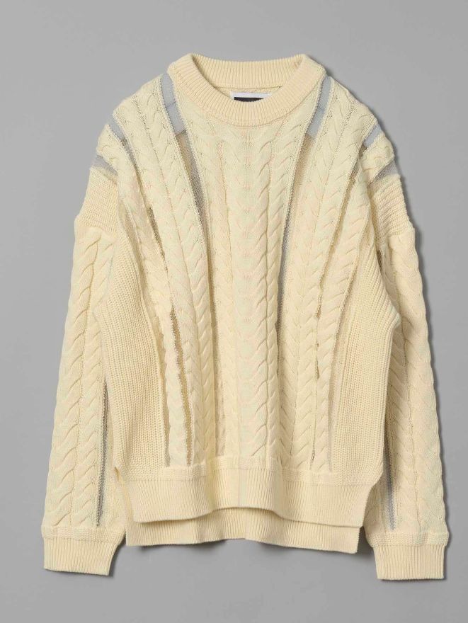 ニットプルオーバー - Cable Knitting Sheer Intarsia Prime-Over Crew Neck Knit Pullover IVORY