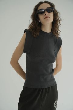スクエアスリーブニットトップス | SQUARE SLEEVE KNIT TOPS - CHARCOAL GRAY