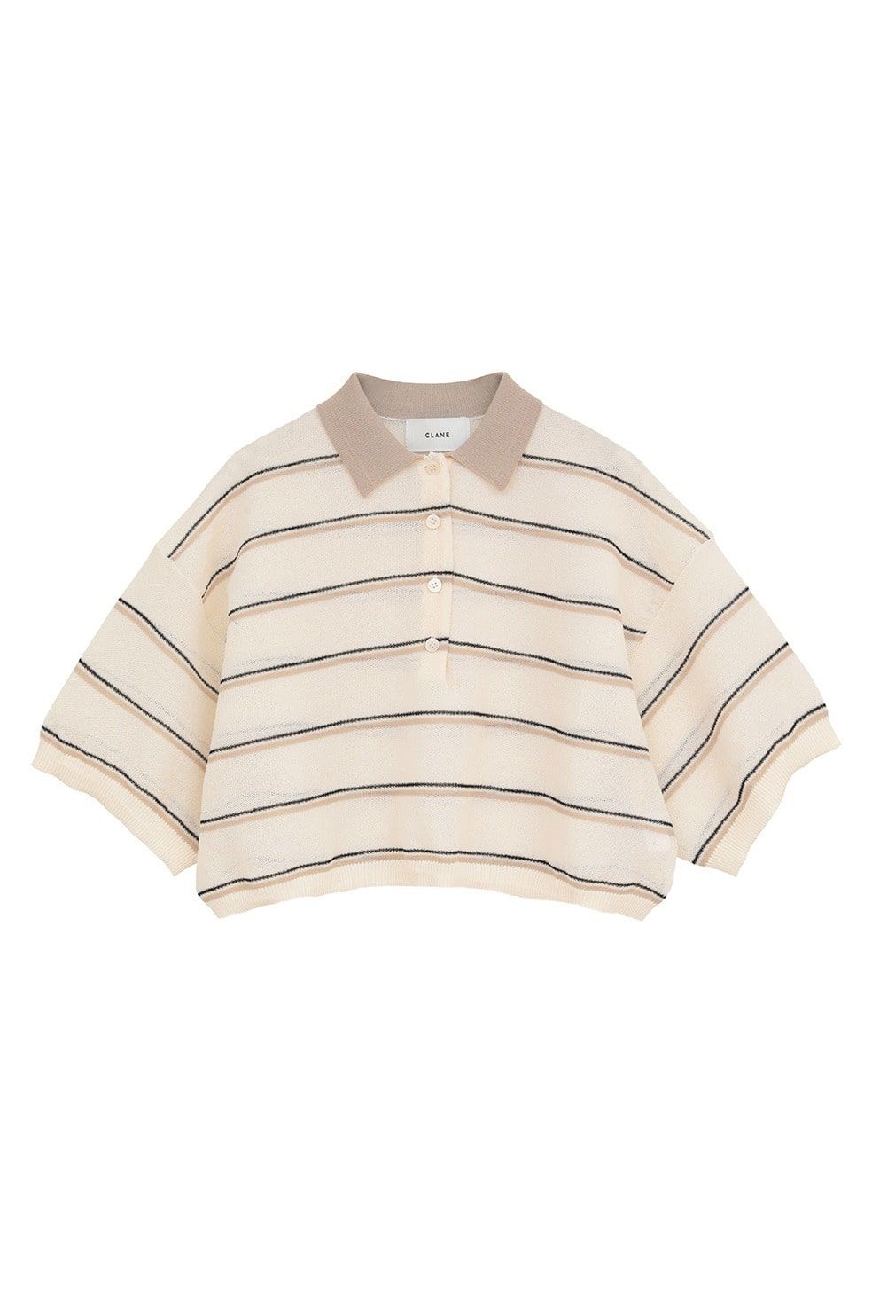 ボーダーポロトップス - SPONGY SHEER POLO KNIT TOPS (IVORY)