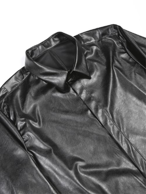 【JO1 川尻 蓮 着用】 ウォッシャブルライトフェイクレザーシャツ - Fake Leather Shirt - BLACK