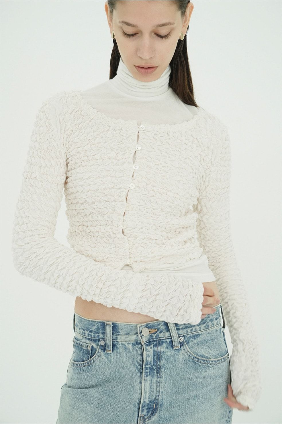 ダブルフェイス シャーリング カーディガン  - W FACE SOFT SHIRRING CARDIGAN (WHITE)