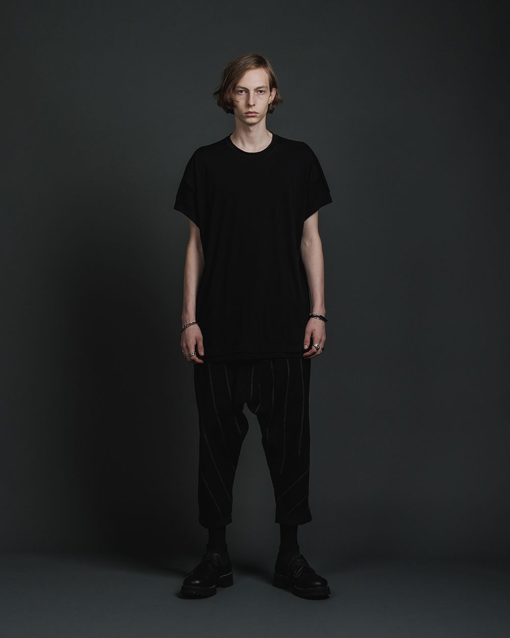 綿シルク 天竺 ショート スリーブ レイヤード ティーシャツ - double layerd short-sleeve t - BLACK
