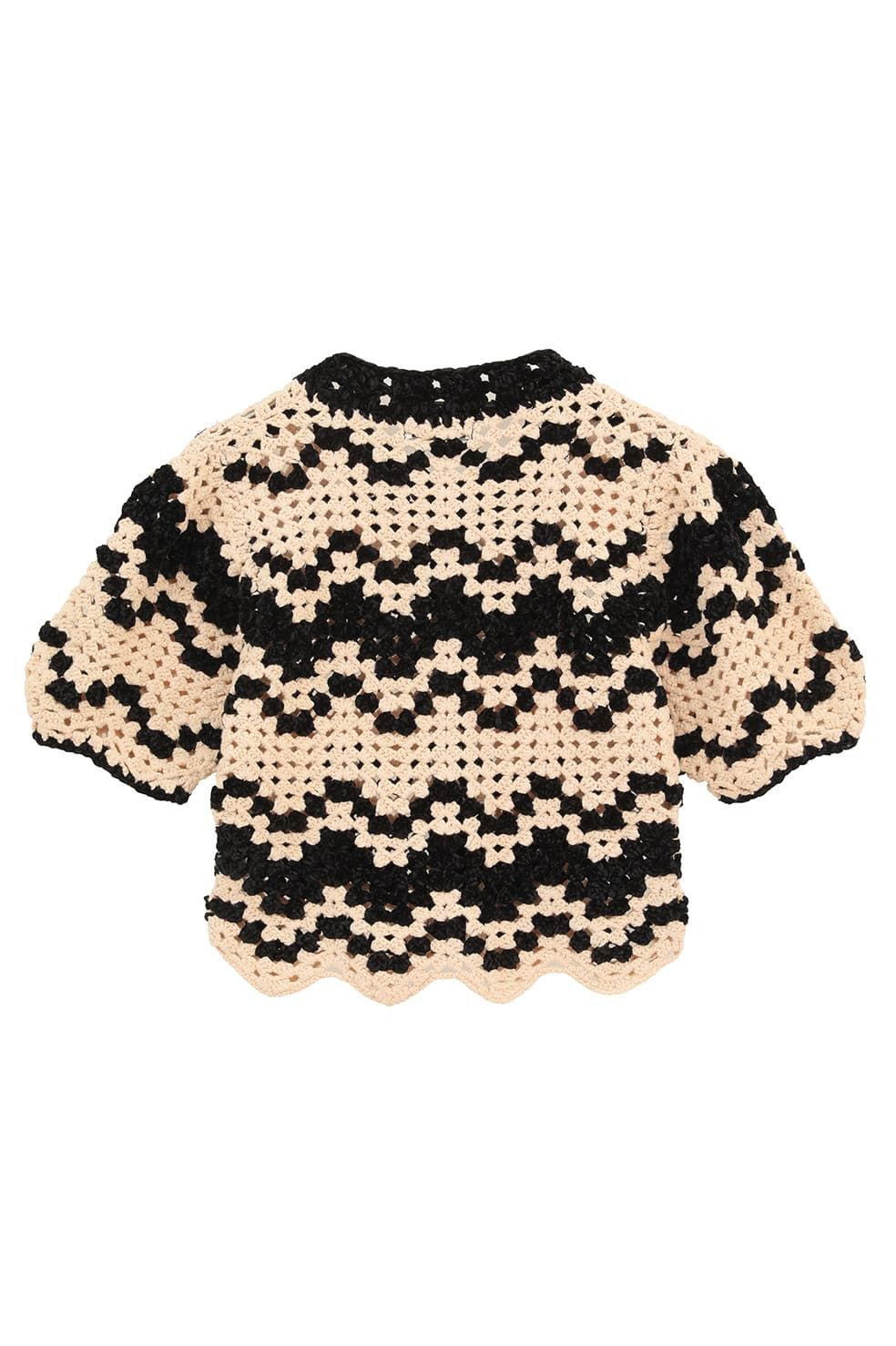 半袖ニットカーディガン - MALL BORDER HAND CROCHET KNIT CARDIGAN (black)