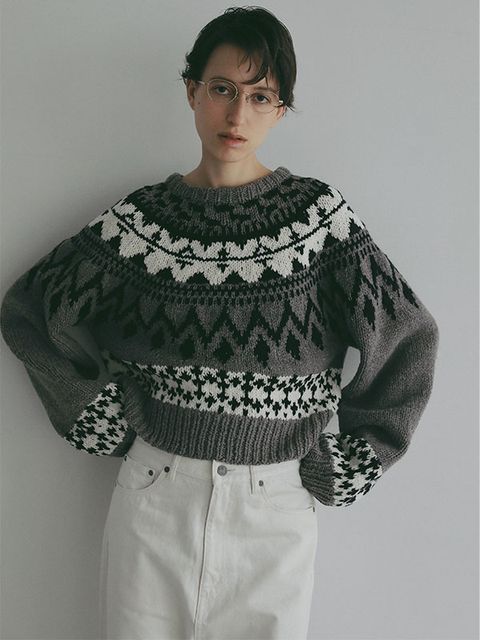 ラウンドヨークハンドニットプルオーバー - GREY