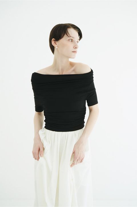 オフショルダートップス -  DRAPED OFF SHOULDER H/S TOPS(BLACK)