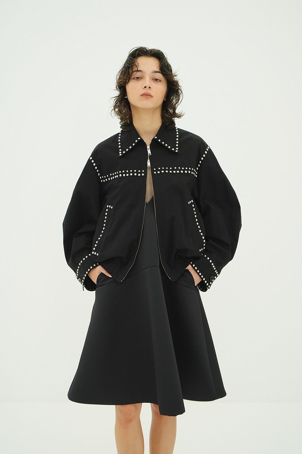 スタッズ ドリズラージャケット - W COLOR STUDDED DRIZZLER JACKET (BLACK)