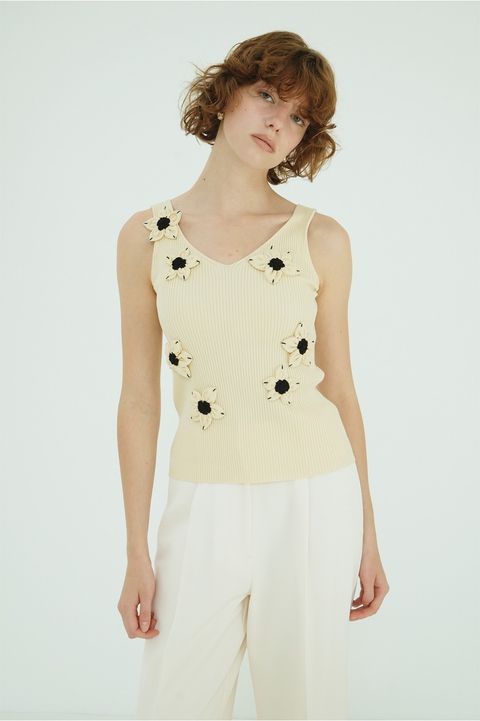 ニットタンクトップ - FLOWER MOTIF CAMI KNIT TOPS (YELLOW)