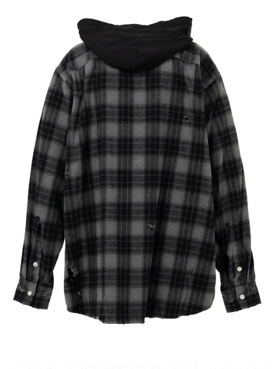 ディストレスト チェックシャツ フーディー - Distressed Check Shirts Hoodie BLACK