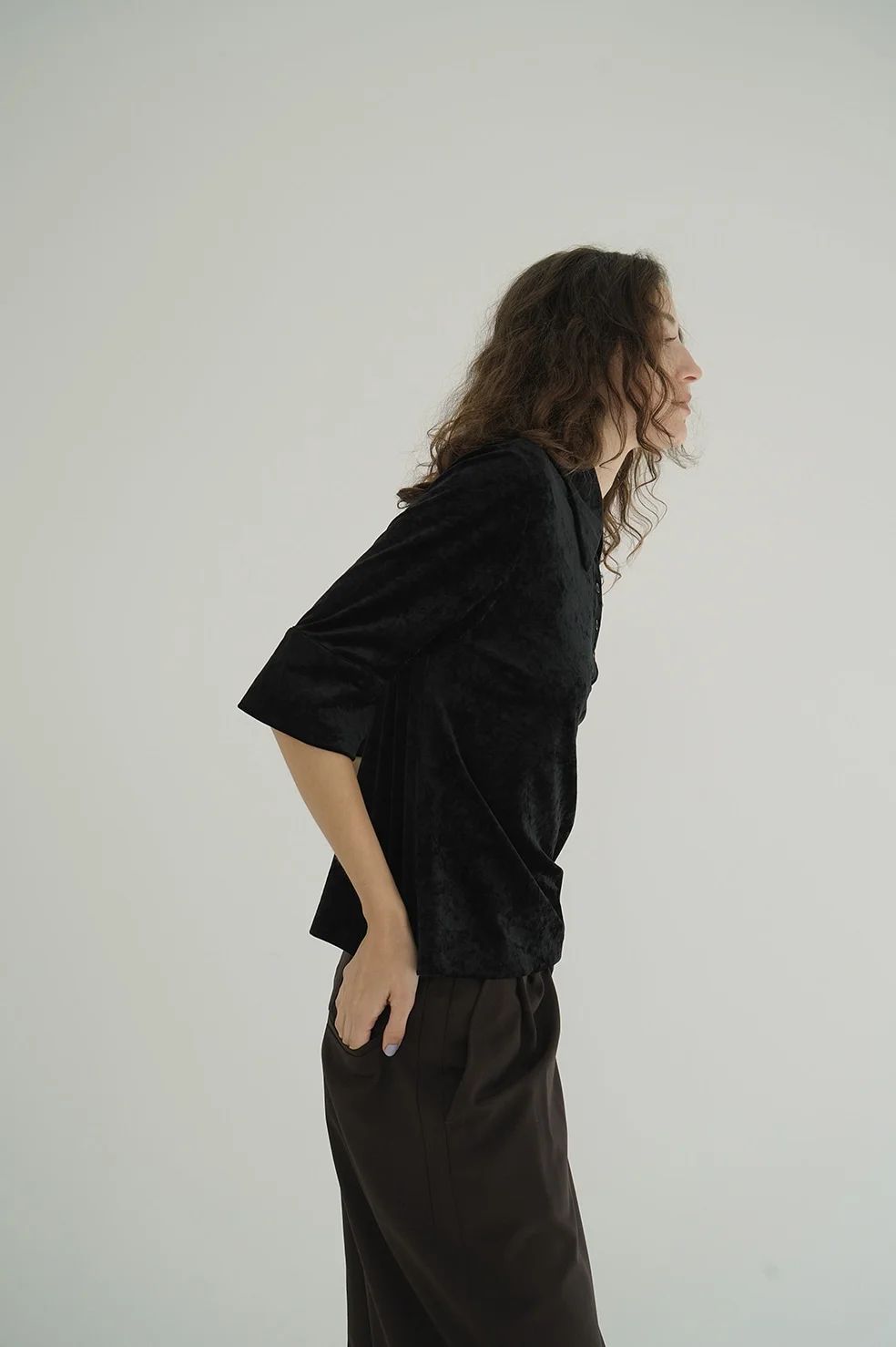 ベロア ポロトップス - CRUSHED VELOUR POLO TOPS BLACK