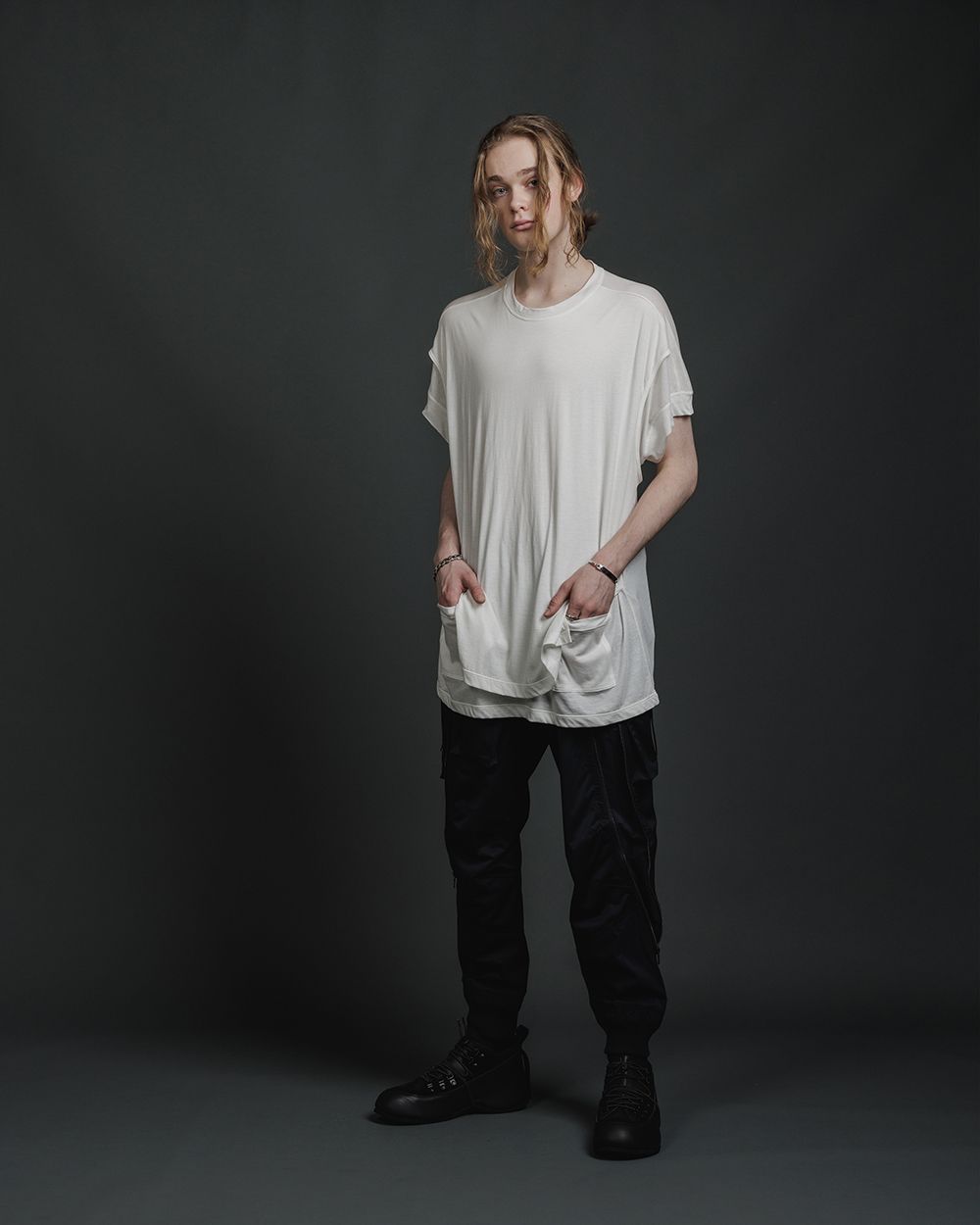 綿シルク 天竺 ショート スリーブ レイヤード ティーシャツ - double layerd short-sleeve t - OFF WHITE