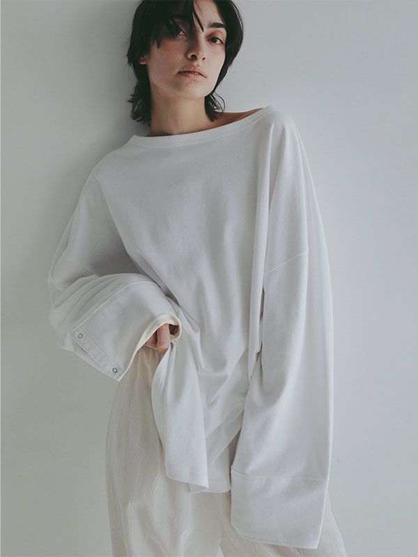 ボートネックカフスロンTee  (WHITE）