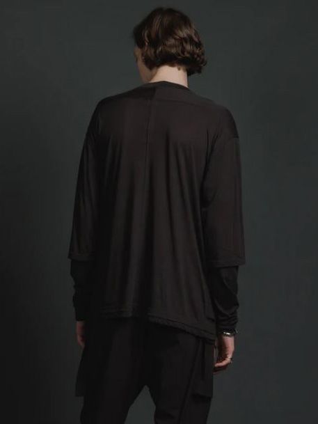 綿シルク 天竺 レイヤード カットソー  - double layerd long-sleeve t - DARK BROWN