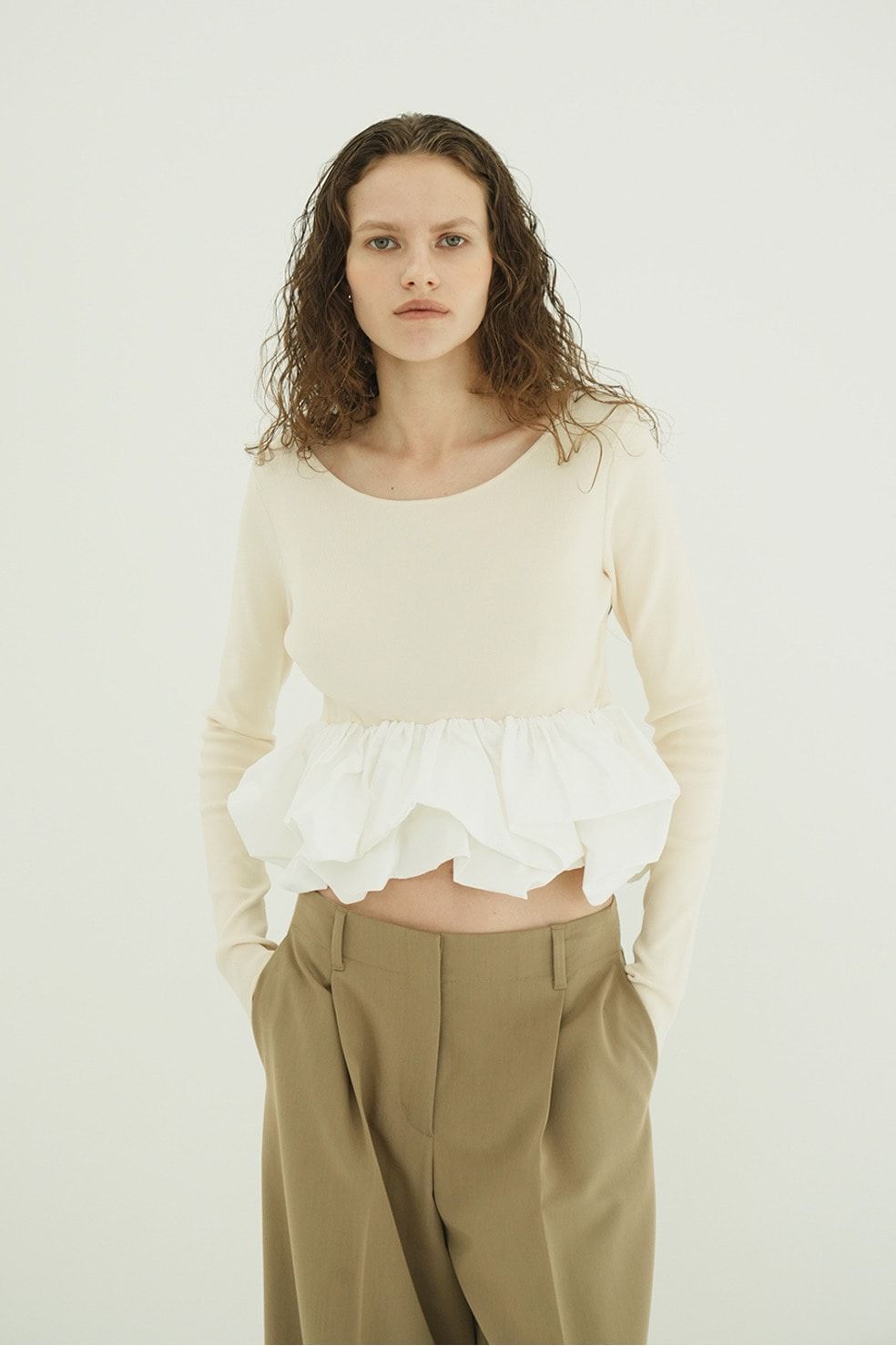 バルーン ショートニット トップス -  W BALLOON SHORT KNIT TOPS(IVORY)