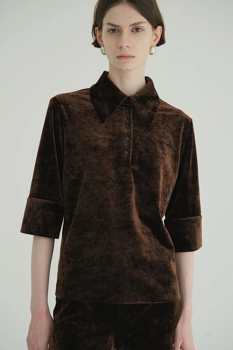 ベロア ポロトップス - CRUSHED VELOUR POLO TOPS BROWN
