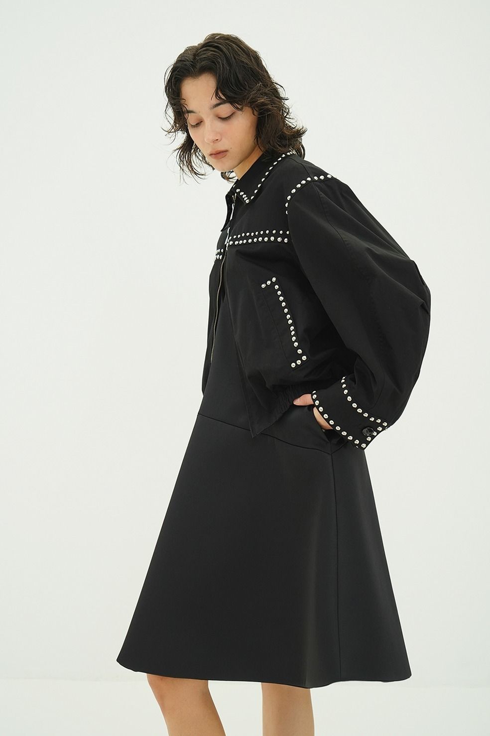スタッズ ドリズラージャケット - W COLOR STUDDED DRIZZLER JACKET (BLACK)