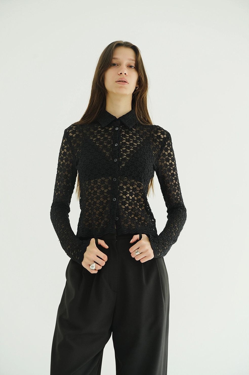 フラワーレースシャツ - 3D FLOWER LACE SHIRT (BLACK)