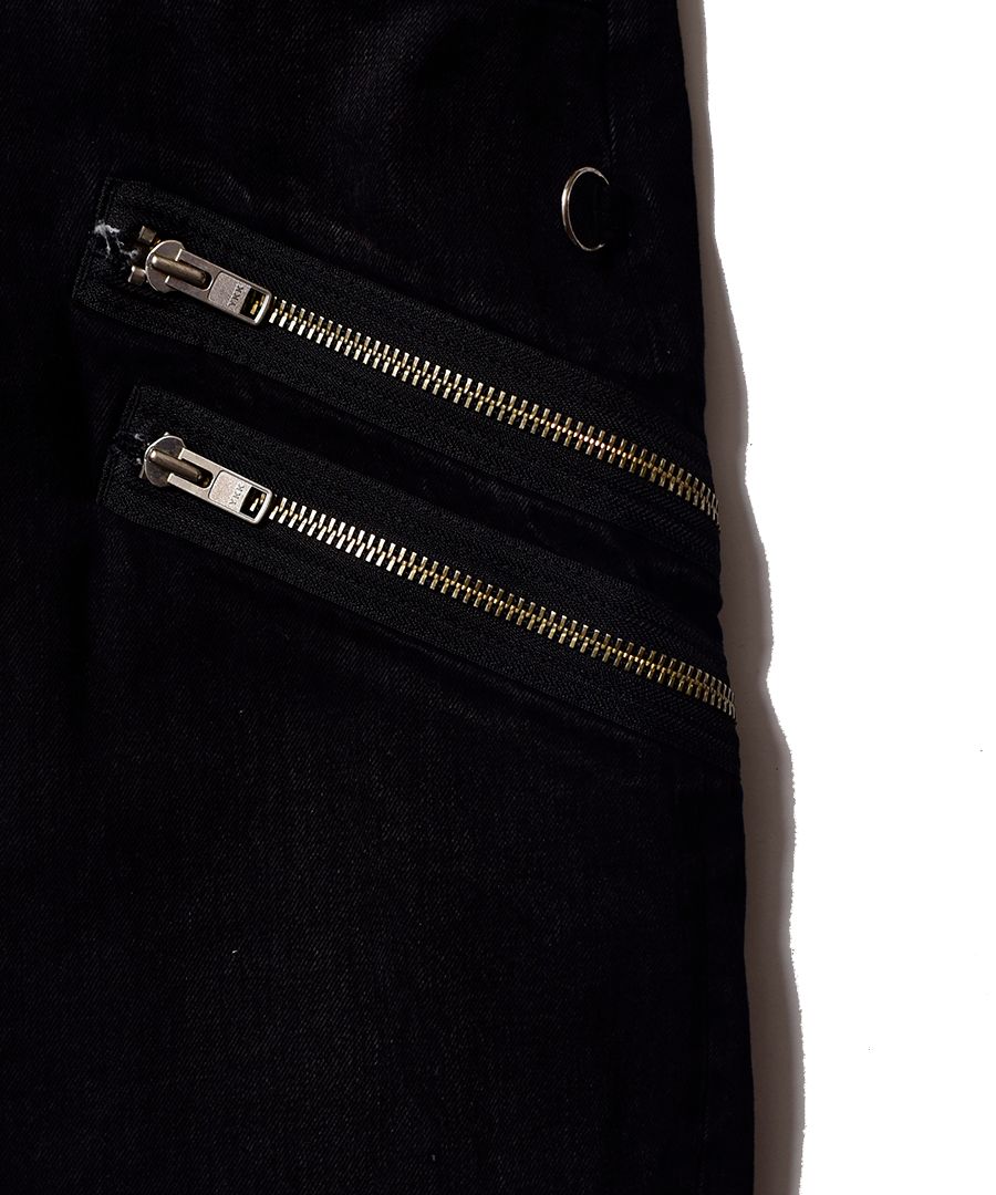 ワイドジップ ストラップデニムパンツ  - WIDE ZIP & STRAPS DENIM PANTS - DISTRESSED DENIM BLACK