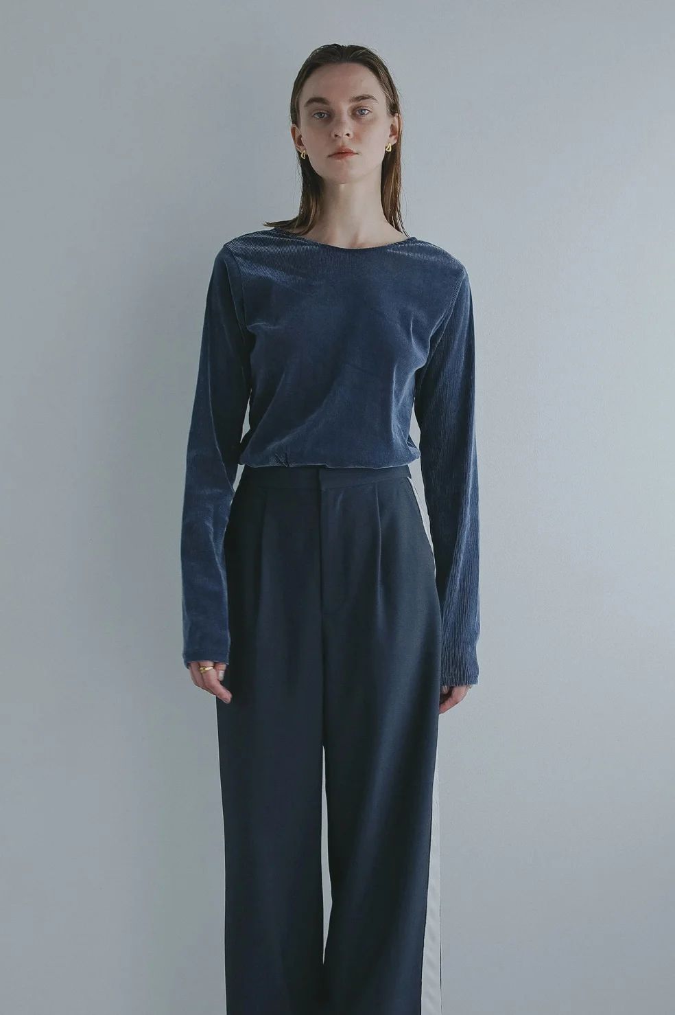 チュール フロッキー ストライプ トップス - TULLE FLOCKED STRIPE TOPS (BLUE)