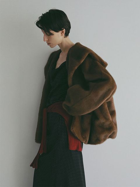 フェイクファーショールカラーフードコート -  BROWN