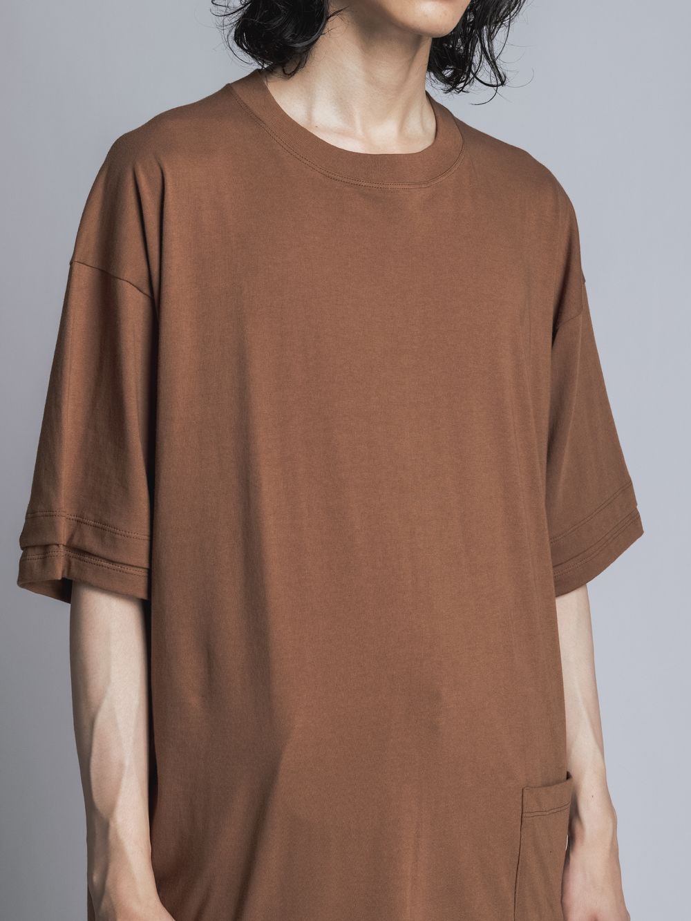 ソフト天竺  レイヤード風 半袖Tシャツ BROWN
