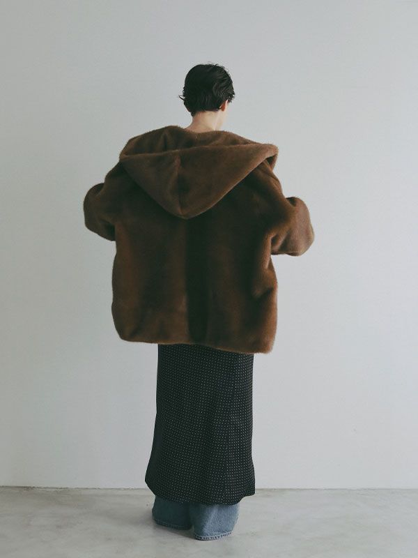 フェイクファーショールカラーフードコート -  BROWN