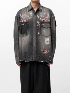 キッズ ステッカー プリント デニム シャツ | Kids Sticker Printed Denim Shirt - BLACK