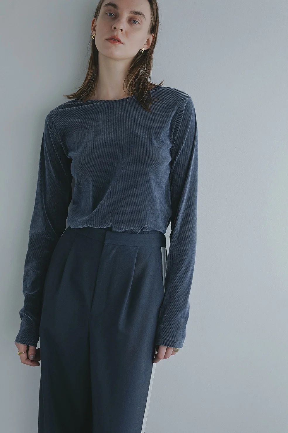 チュール フロッキー ストライプ トップス - TULLE FLOCKED STRIPE TOPS (BLUE)