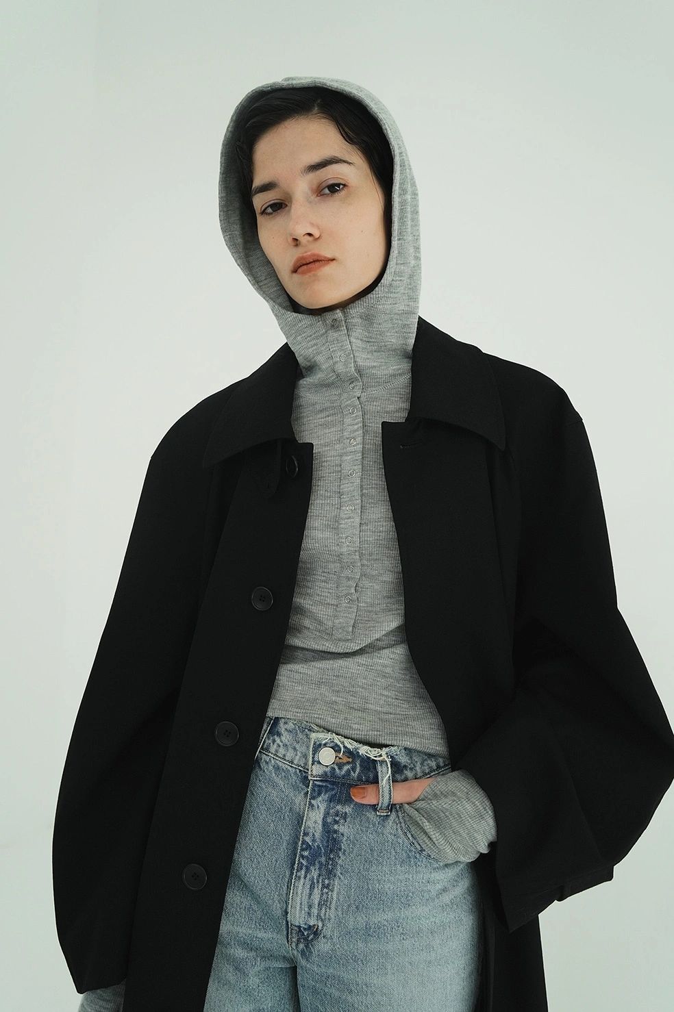 ステンカラーコート - BULKY LINE STAIN COAT (BLACK)