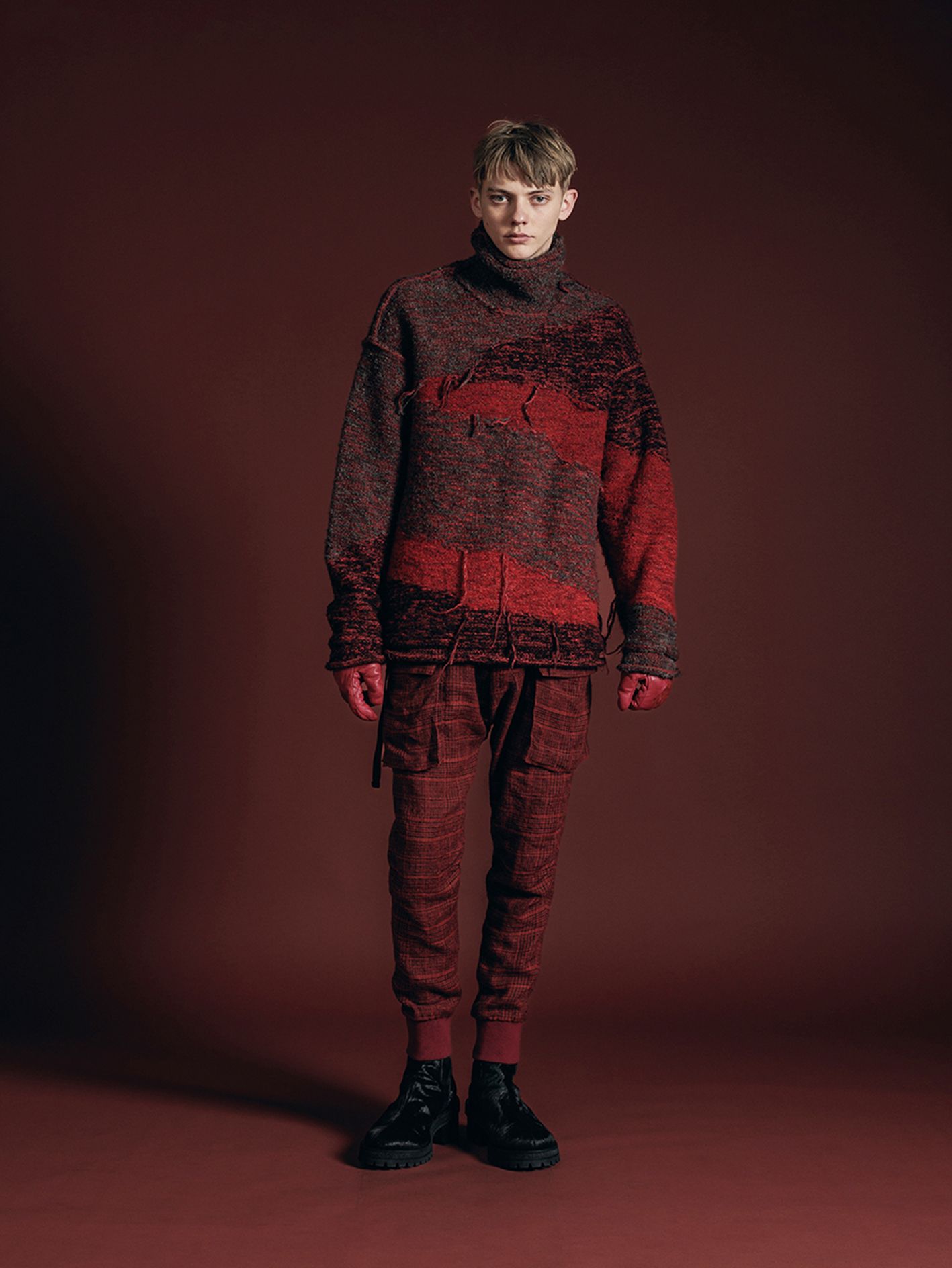 リバーシブル プルオーバー - reversible grunge sweater - VI-3652-07 - B-RED