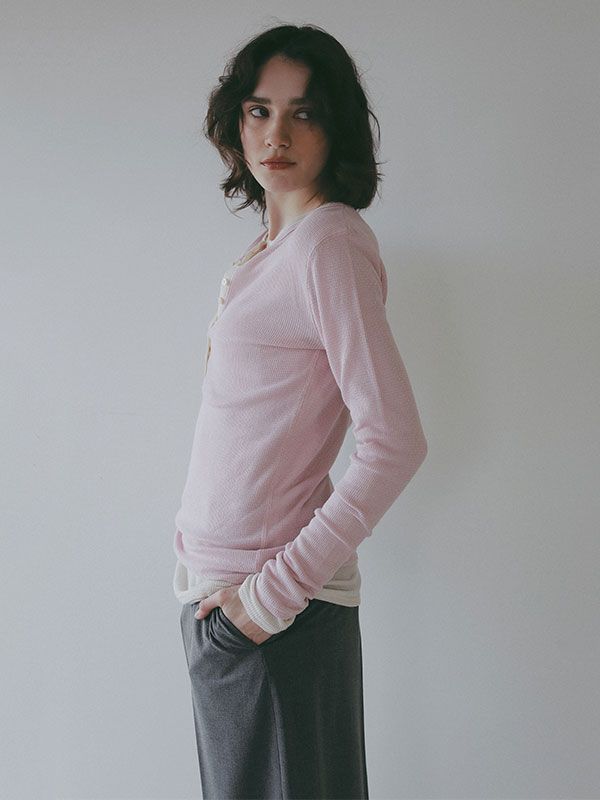 シアーワッフルヘンリーネックプルオーバー （PINK)